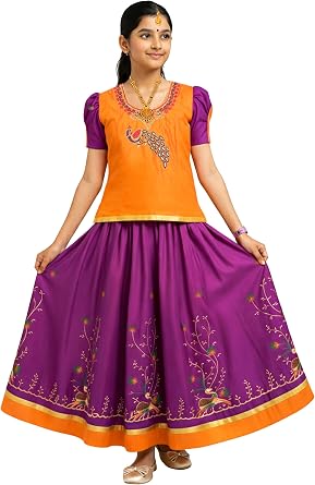 kaatru Thana Girls Pavadai Set D101 - Lehenga Choli - Orange & Violet