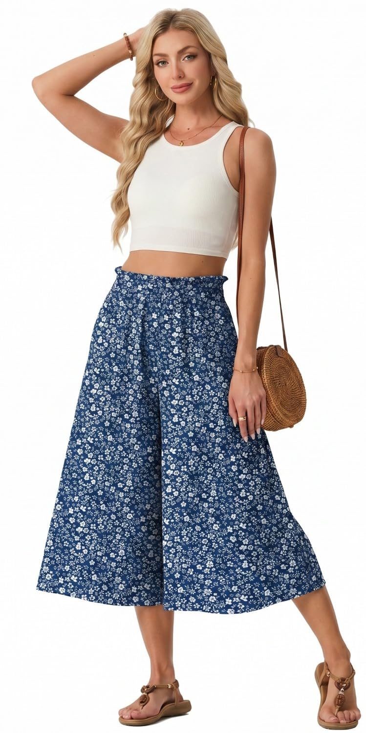PrinStory Pantaloni estivi da donna, leggeri, a vita alta, casual, palazzo, a gamba larga, con tasche