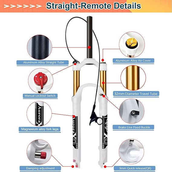XQ 26/27.5/29 Remote Lockout Air Mountain Bike Suspension Fork, Travel 140mm 1 1/8 Straight Tube QR 9mm XC AM Rebound Adjust MTB Front Forks(White/Gold,26 inch)