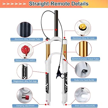 XQ 26/27.5/29 Remote Lockout Air Mountain Bike Suspension Fork, Travel 140mm 1 1/8 Straight Tube QR 9mm XC AM Rebound Adjust MTB Front Forks(White/Gold,26 inch)