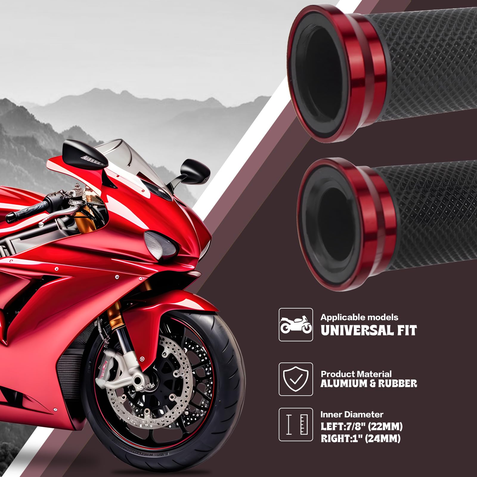 Manopole Moto 2 Pezzi Gomma 22mm/24mm Manubrio per Scooter Quad Cruiser Off Road Rosso
