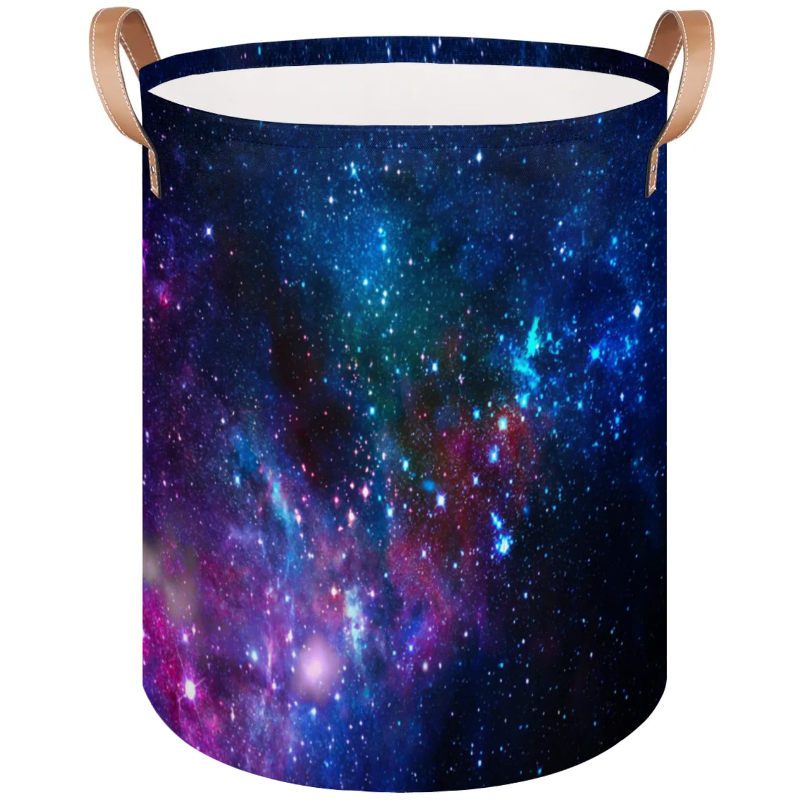 Kids Laundry Hamper Collapsible Laundry Baskets for Nursery Home Dirty Clothes Toys Storage Galaxy Nebula Round Large Laundry Bucket with Leather Handles