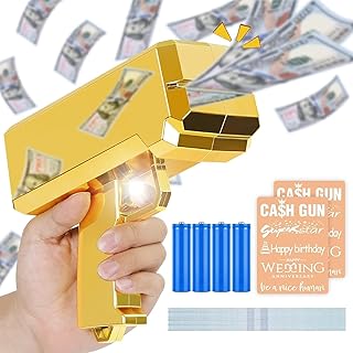 Money Gun Shooter with 140 Pcs Props for Party Playing, Prop Guns Make It Rain Handheld Gun for Game Party (Includes 4 AA Batteries, 5 Style Stickers)