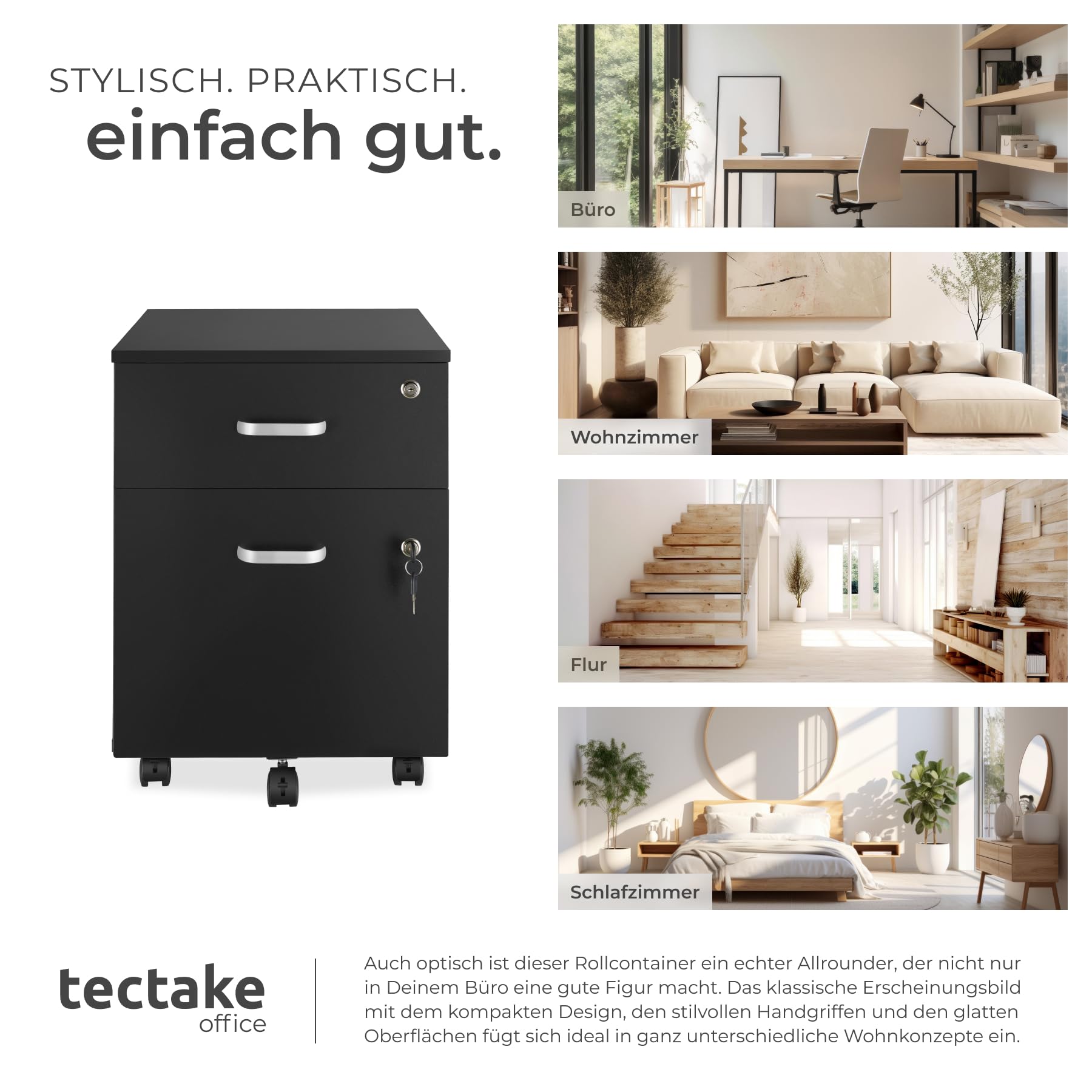 tectake® Rollcontainer mit Schubladen, Aktenschrank abschließbar, Kommode mit Schubladen, Rollwagen, Organizer für Dokumentenablage und Ordner A4 breit, Büroschrank, schwarz