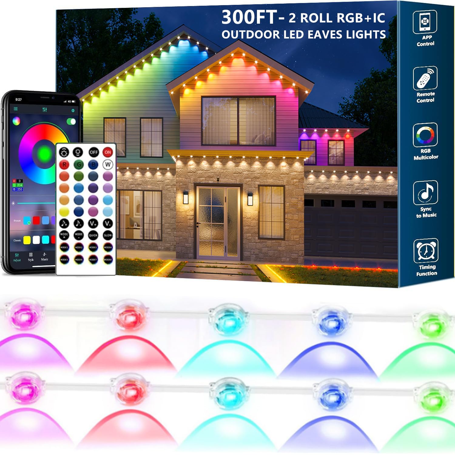 similar to..permanent outdoor lights,300ft rgb + ic smart led eaves lights with app & remote control, ip67 waterproof,for christmas and all holiday decor,daily and accent lighting,house roof and garden lighting