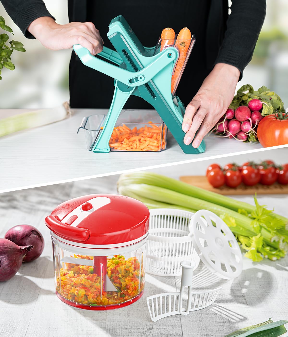 Genius Nicer Dicer Mando wraz z krajalnicą do warzyw Twist, 21-częściowa, ręczna szatkownica do warzyw, stojąca, z pojemnikiem na ścinki, 6 wkładów, cebulę, ziemniaki, frytki, sałatę, wirówkę
