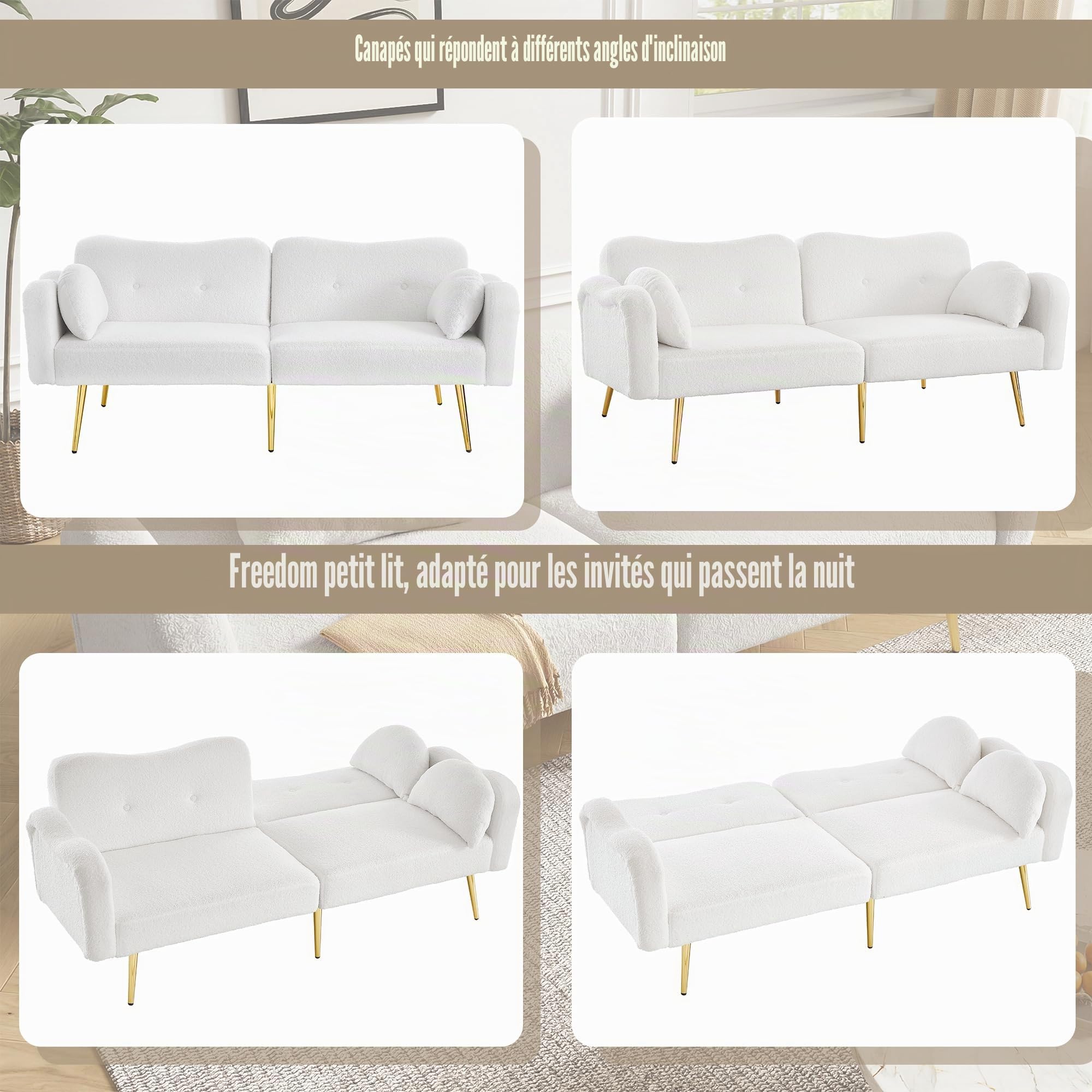 OKMYHOME Canapé Droit Convertible 2 Places avec Dossier 3 Positions et Revêtement Laine d'agneau - Pieds en Métal - Beige