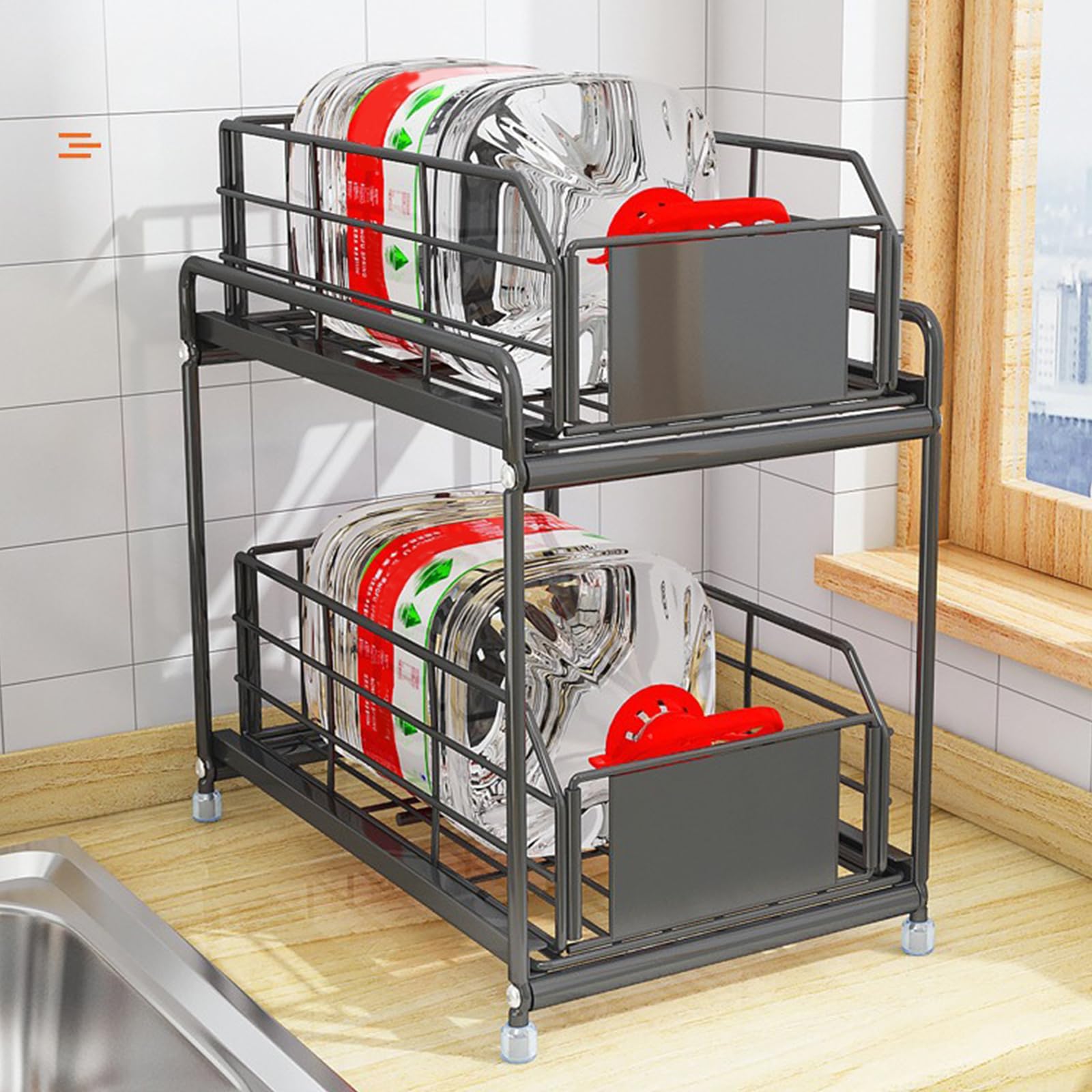 SOONHUA Rangement sous Évier, 2 Niveaux Coulissant Organisateur Sous Evier, Rangement Produits Menagers pour Cuisine, Salle de Bain, Garde-Manger, Armoire de Rangement