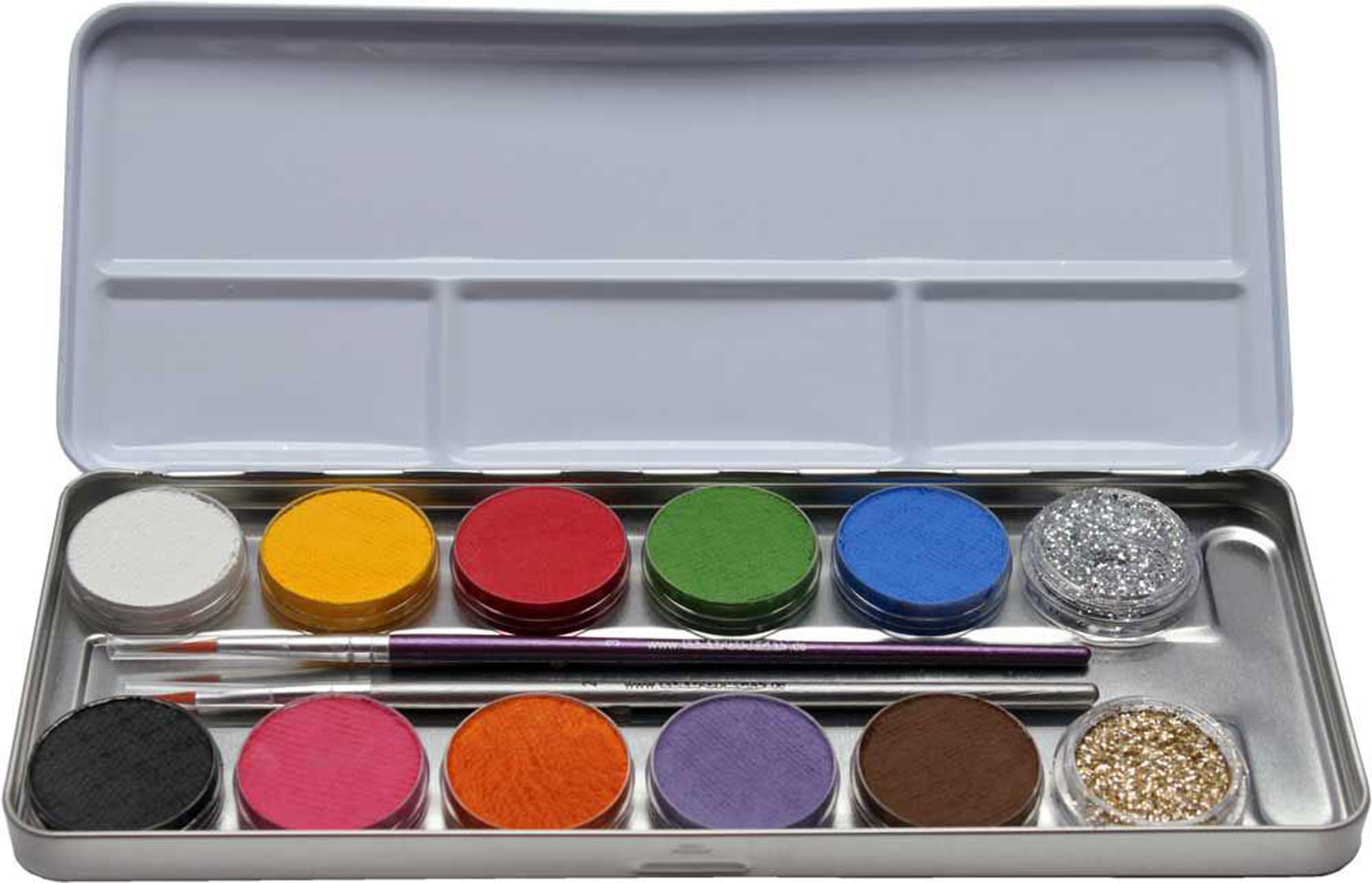 Eulenspiegel 212202 - Profi-Aqua Schminke, 10 Farben, 2 Glitzer, 2 Profi-Pinsel, Metall-Palette
