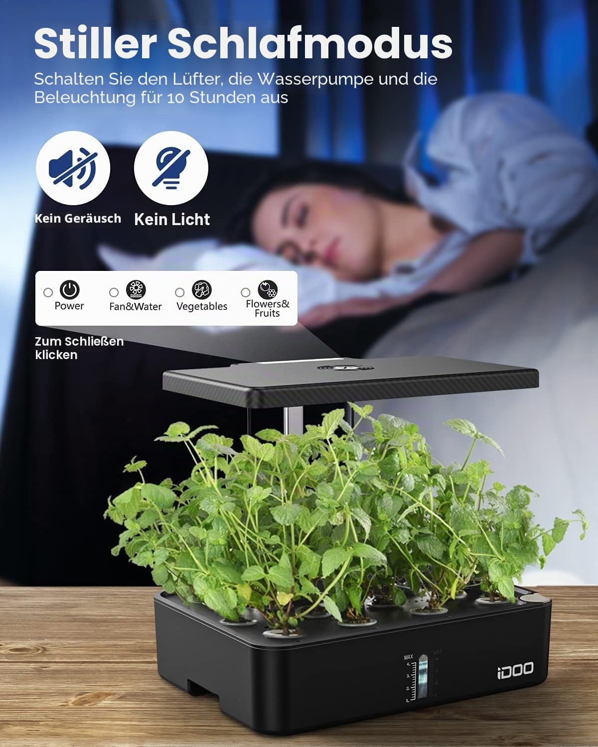 iDOO Hydroponic System, Smart Garden, Hydroponisches Anzuchtsystem,12Hülsen, mit Automatisch Timer, Smart Garden mit LED Pflanzenlampe und Ventilato, Höhenverstellbar kräutergarten Set, Schwarz