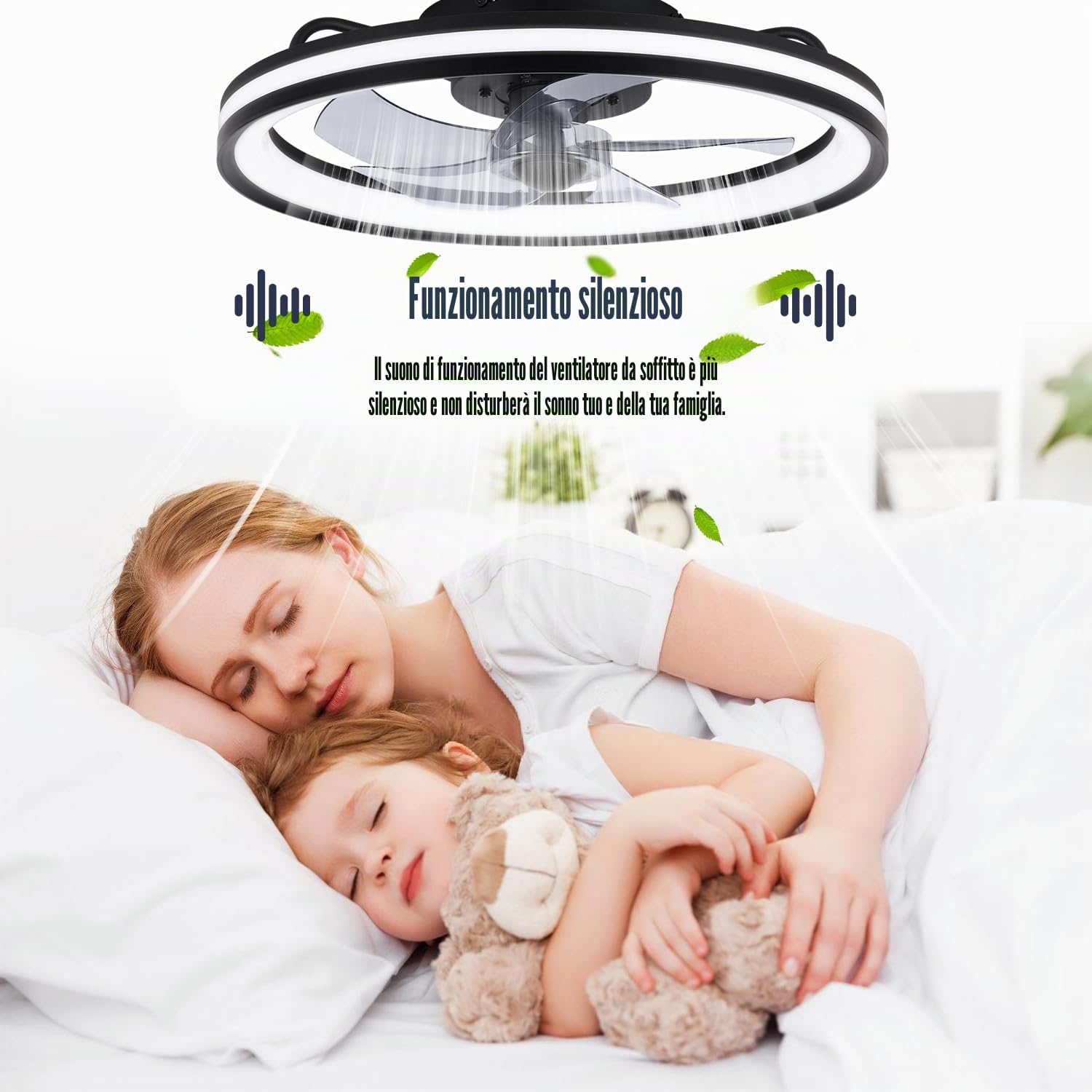 Ventilatore da soffitto con luce Ø50cm, telecomando, 6 velocità, 3 colori dimmerabili, modalità estate-inverno, timer