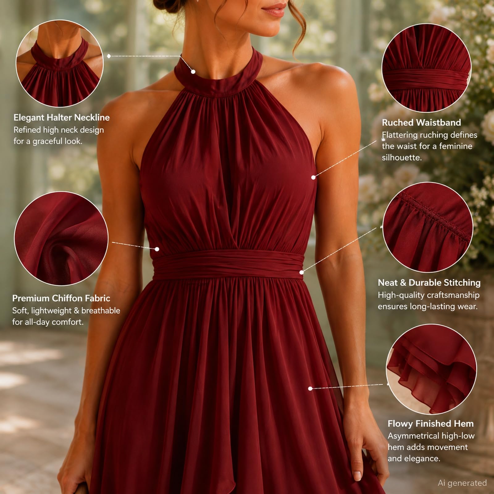 Abito da donna in chiffon, con scollo all'americana, abito da cerimonia