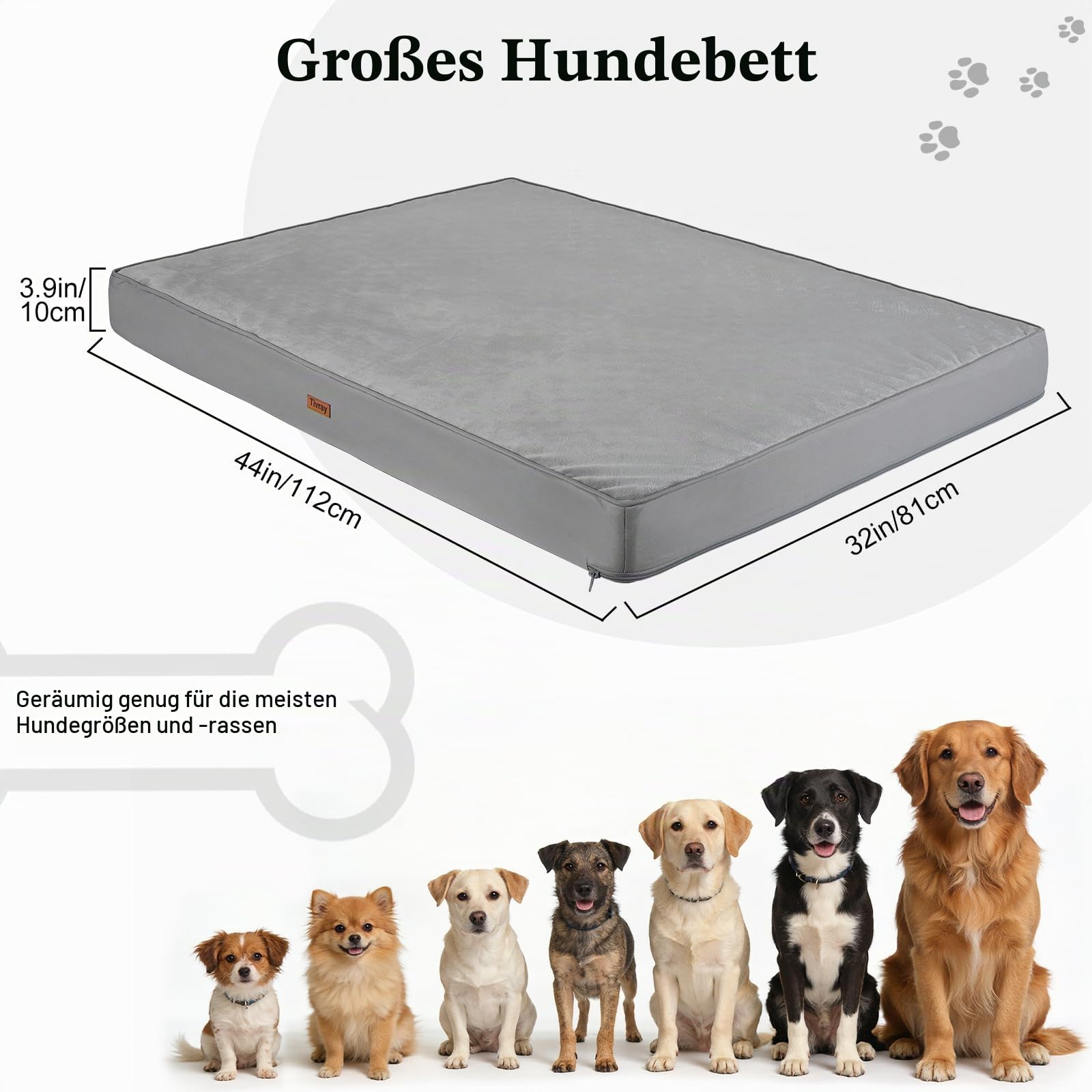 Orthopädisches Hundebett 112x81cm, Große Hundematte mit Abnehmbarem Waschbarem Plüschbezug, Wasserdichtes Hundekissen aus Eierkisten-Schaum, rutschfeste Unterseite für Große Hunde, Grau