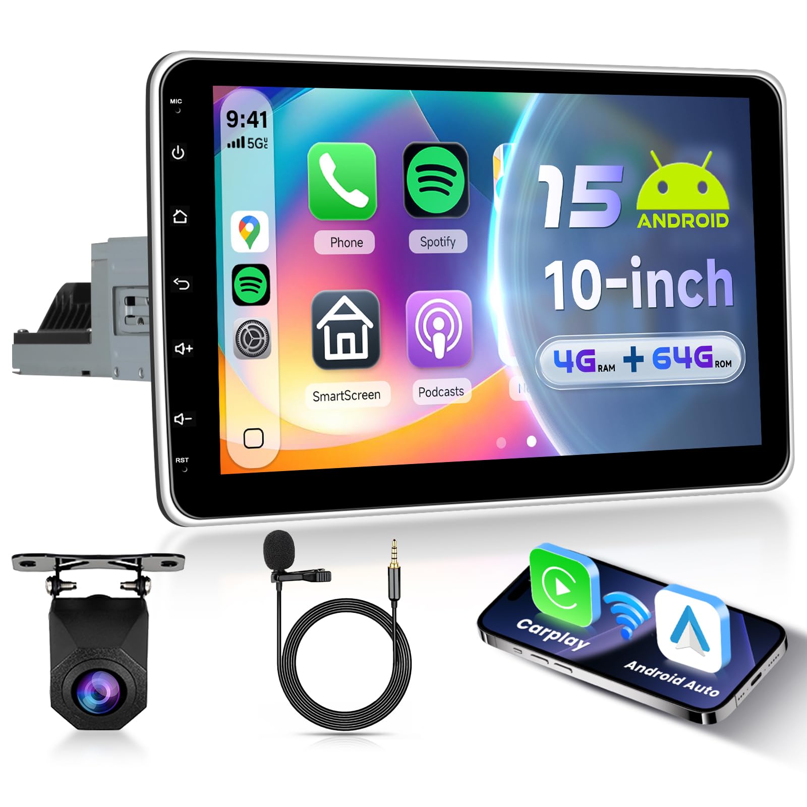 VECHTEL 4G+64G Android 15 Radio Coche Bluetooth con Carplay Android Auto Inalámbrico, Autoradio 1 DIN con Pantalla Táctil Giratoria de 10'' HD con Bluetooth FM RDS GPS Wi-Fi Enlace Espejo USB Cámara