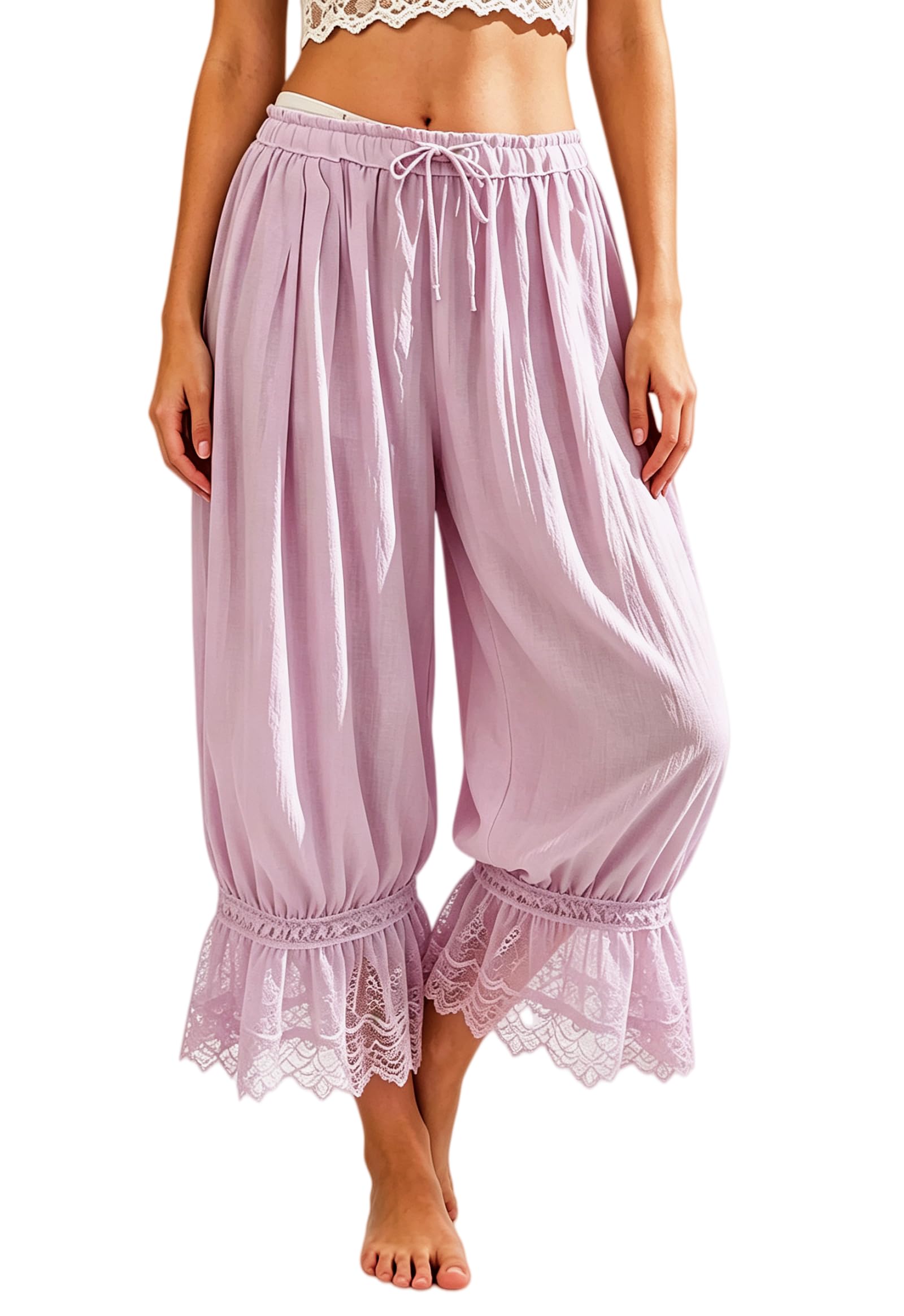 Women Lace Trim Long Bloomers Ruffle Pantaloons Culottes