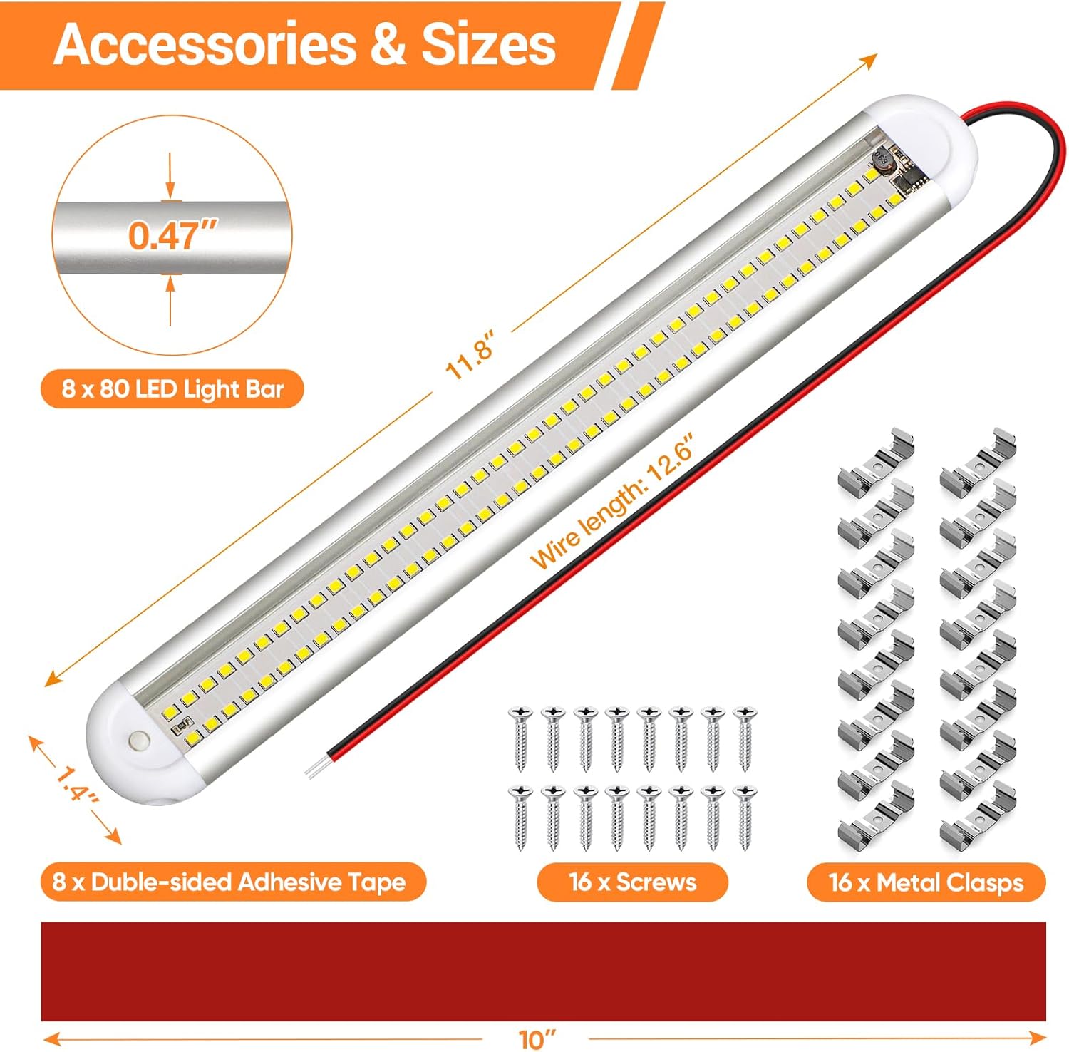 CT CAPETRONIX 12v Led Light Bar Strip, 80leds 1200LM 6.5W DC 12 Volt Led Strip Lights Fixtures with Switch, Enclosed Trailer Lights for RV Interior, Van, Truck Lorry, Camper, Boat, Caravan (8Pcs)