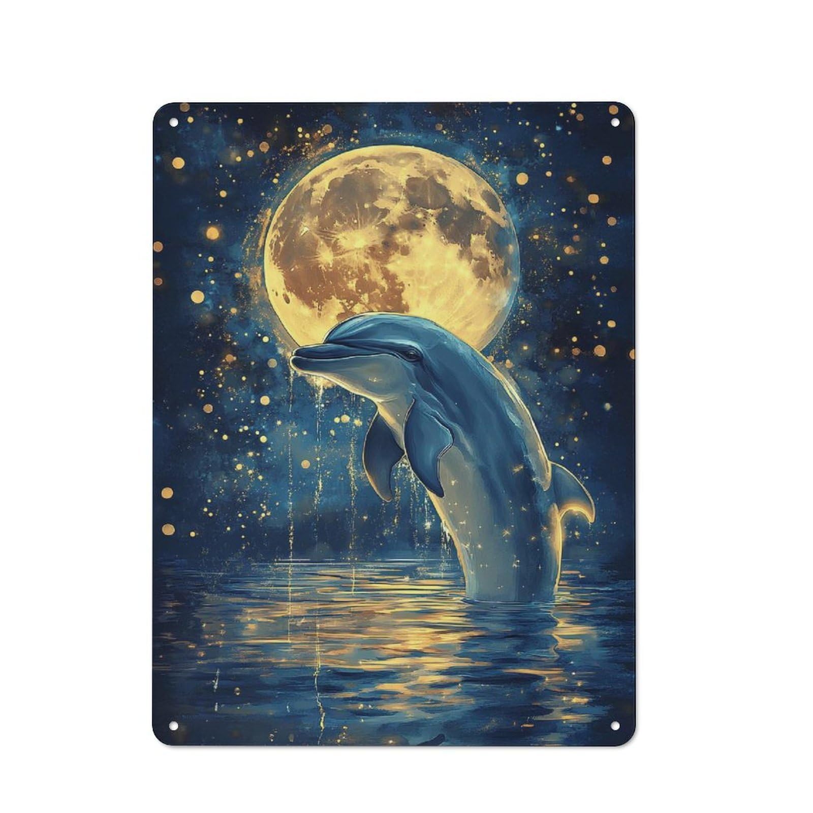 Junmoney Dolphin Under Moonlight Vintage Tin Sign 40X30cm Featuring Industrial Wall Art For Garage, Workshop, Shed Or Utility Room
