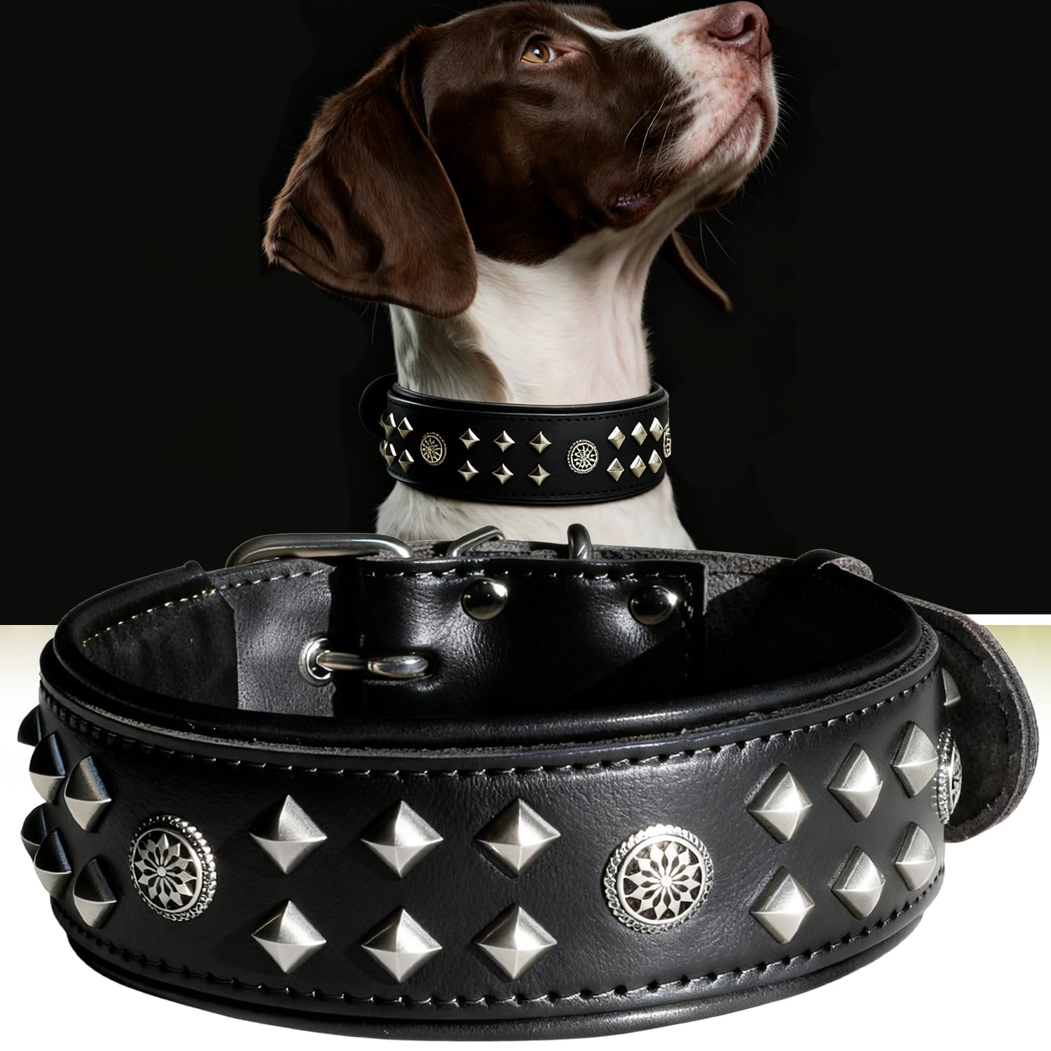 EliteGuard Collar de Perro de Cuero de 5,6 cm de ancho, hecho a mano con remaches y hebilla de acero inoxidable, para uso diario en perros grandes, color negro, 57,5-67,5 cm
