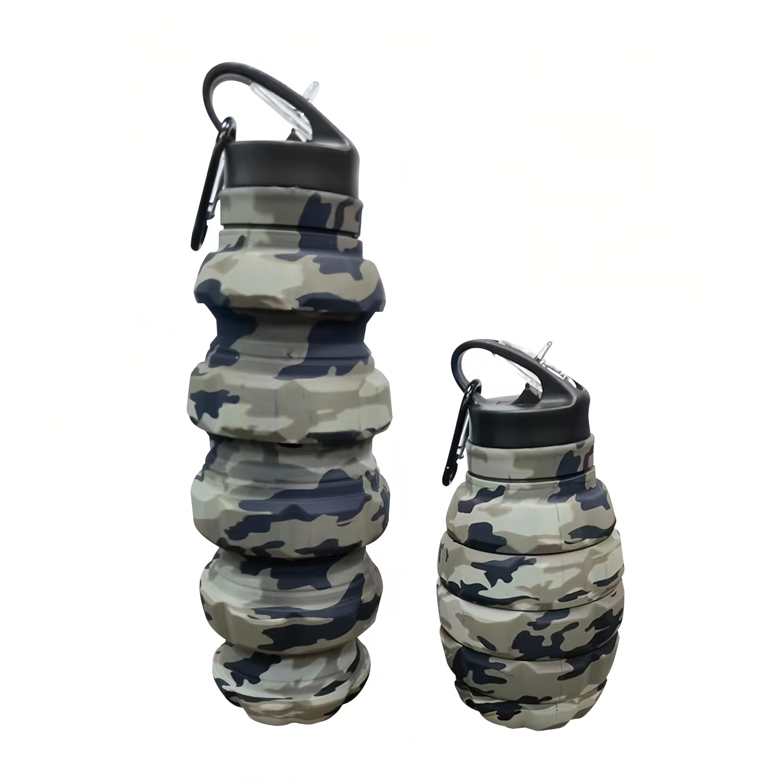 Kunhang Desert Camo Grey Collapsible Travel Water Cycling Bottle, Reuseable Silicone Foldable Water Bottles For Gym Camping Hiking, Portable Leak Proof Sports Water Army Camouflage Bottle With Grenade Carabiner