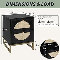 Vista 2 de vistavie Mesita de noche bohemia negra con 2 cajones, mesa auxiliar de ratán de 15.7 pulgadas, armario de almacenamiento de madera moderna