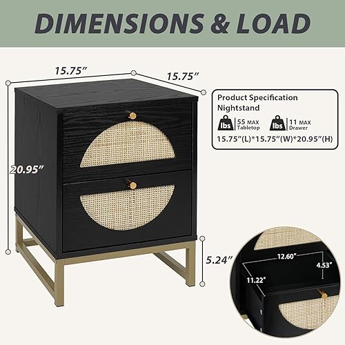 Miniatura 2 de vistavie Mesita de noche de ratán con 2 cajones, mesa auxiliar de madera de ratán tejido, mesa auxiliar rústica con almacenamiento, para sala de