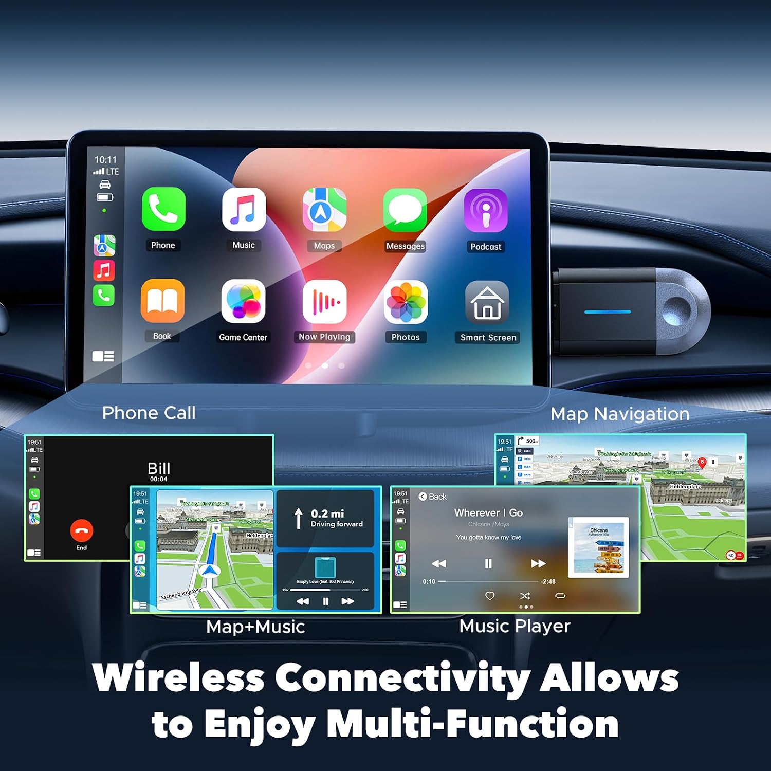 Image displaying a car's infotainment screen showing various applications like Phone, Music, Maps, Messages, and Podcasts, indicating wireless connectivity for multi-function use. Smaller insets show examples of phone calls, map navigation, and music playback.