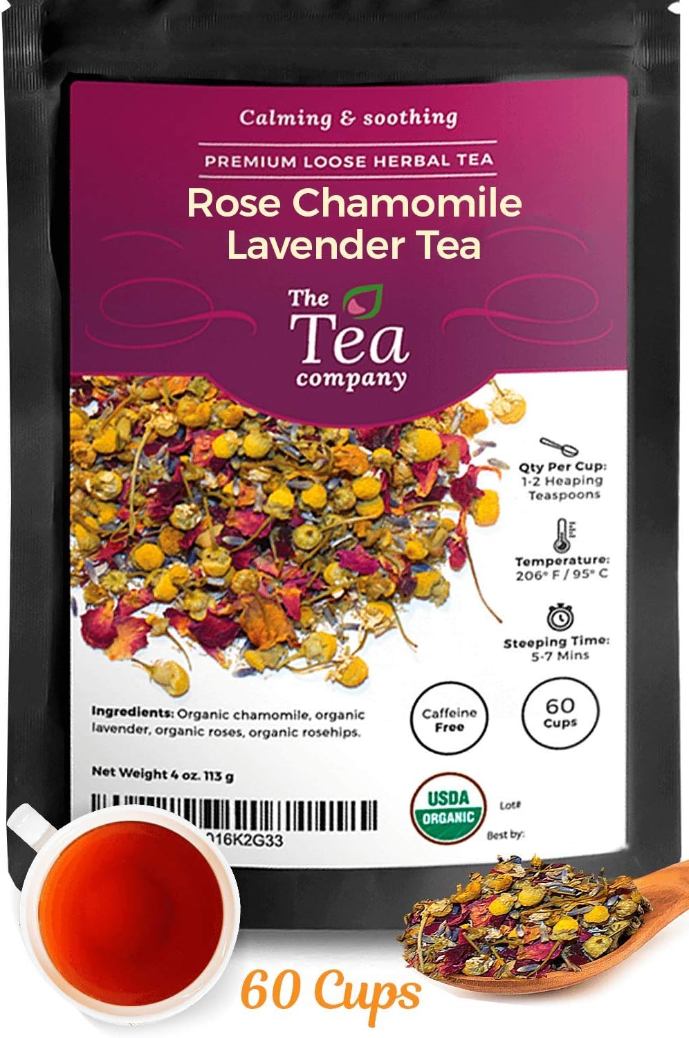 Rose Chamomile Lavender Herbal Tea for Stress Relief and Bedtime - Makes 60 Cups of Calming and Relaxing Caffeine Free Loose Leaf Organic Tea by The Tea Company 113g