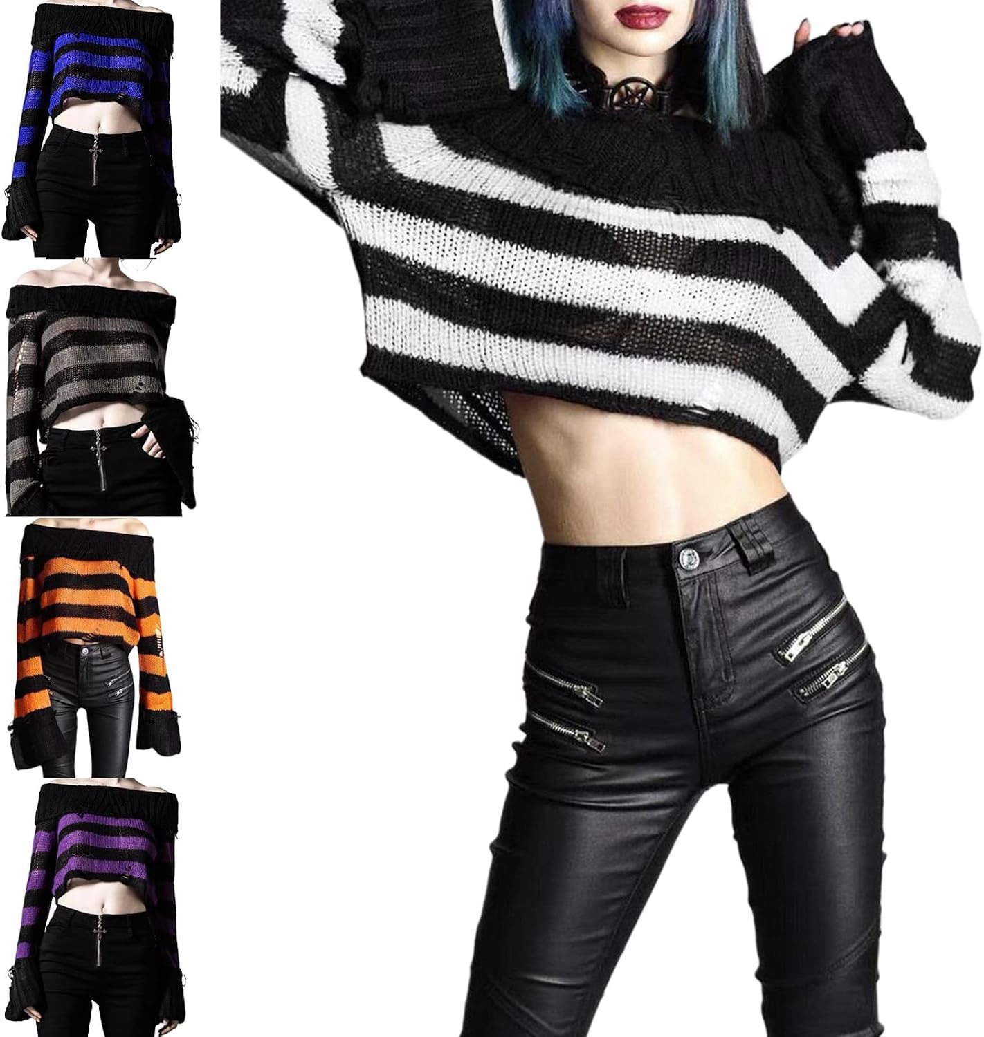 Women Hollow Out Knitted Long Sleeve Off Shoulder Sweater Gothic Punk Striped Ripped Hole Loose Pullover Crop Top Ripped