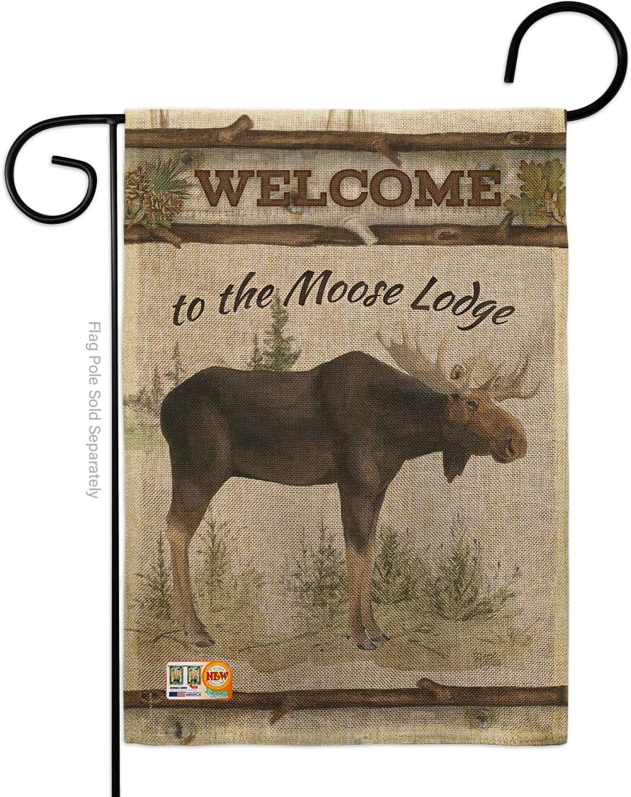 The Moose Lodge Burlap Garden Flag Outdoor Rustic Lake Cabin Wildlife Adventure Forest Small Decorative Gift Yard House Banner Double-Sided Made In USA 13 X 18.5