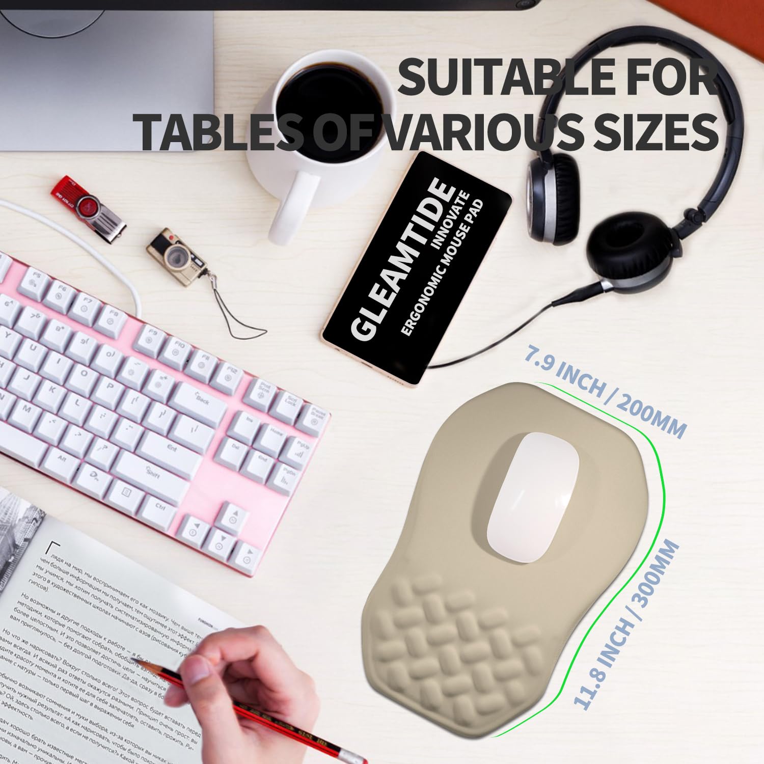 Alfombrilla ergonómica elevada para mouse con soporte de muñeca con pendiente bilateral de espuma viscoelástica para reposamuñecas y alivio del dolor del túnel carpiano, 11.8 x 7.9 pulgadas,