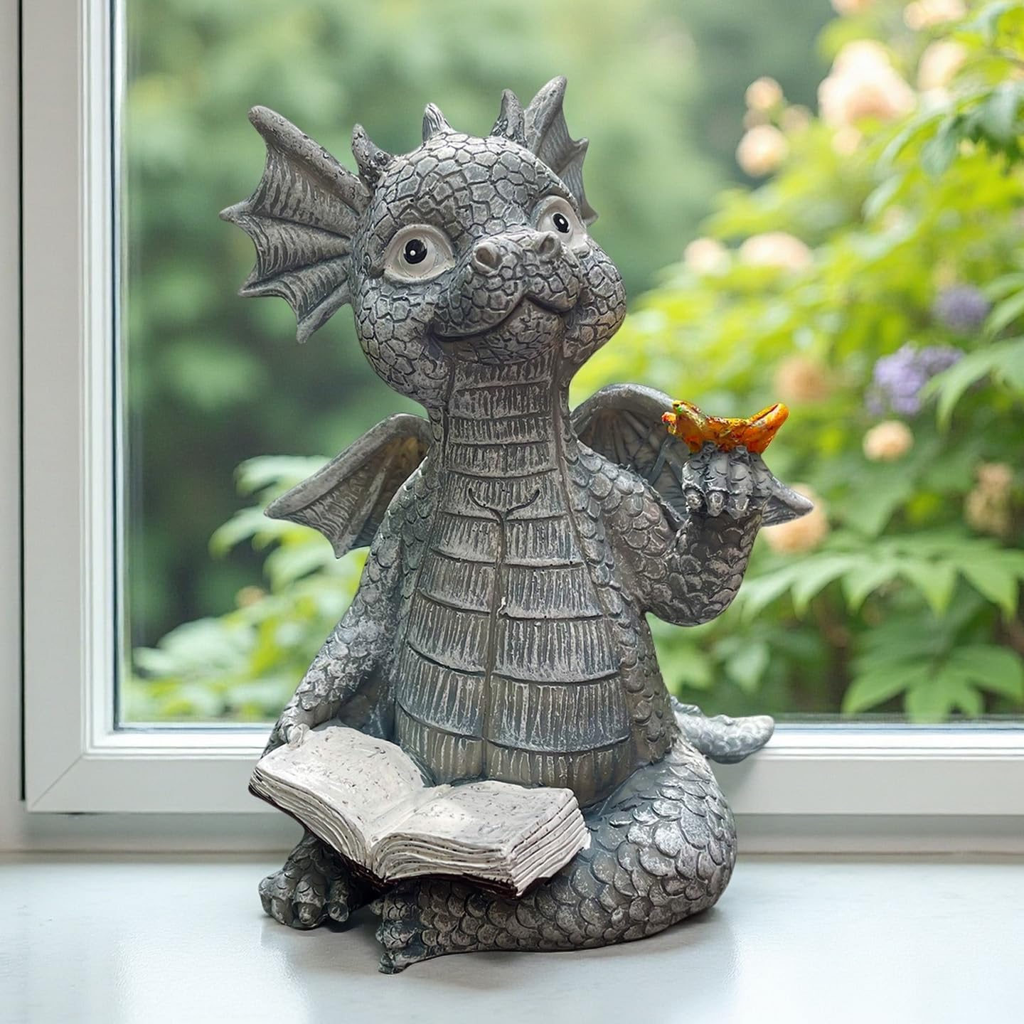 Dragon Reading Book Statue Dinosaur Holding Butterfly Figurines Art Resin Sculpture Outdoor Garden Decor Home Desk Ornament
