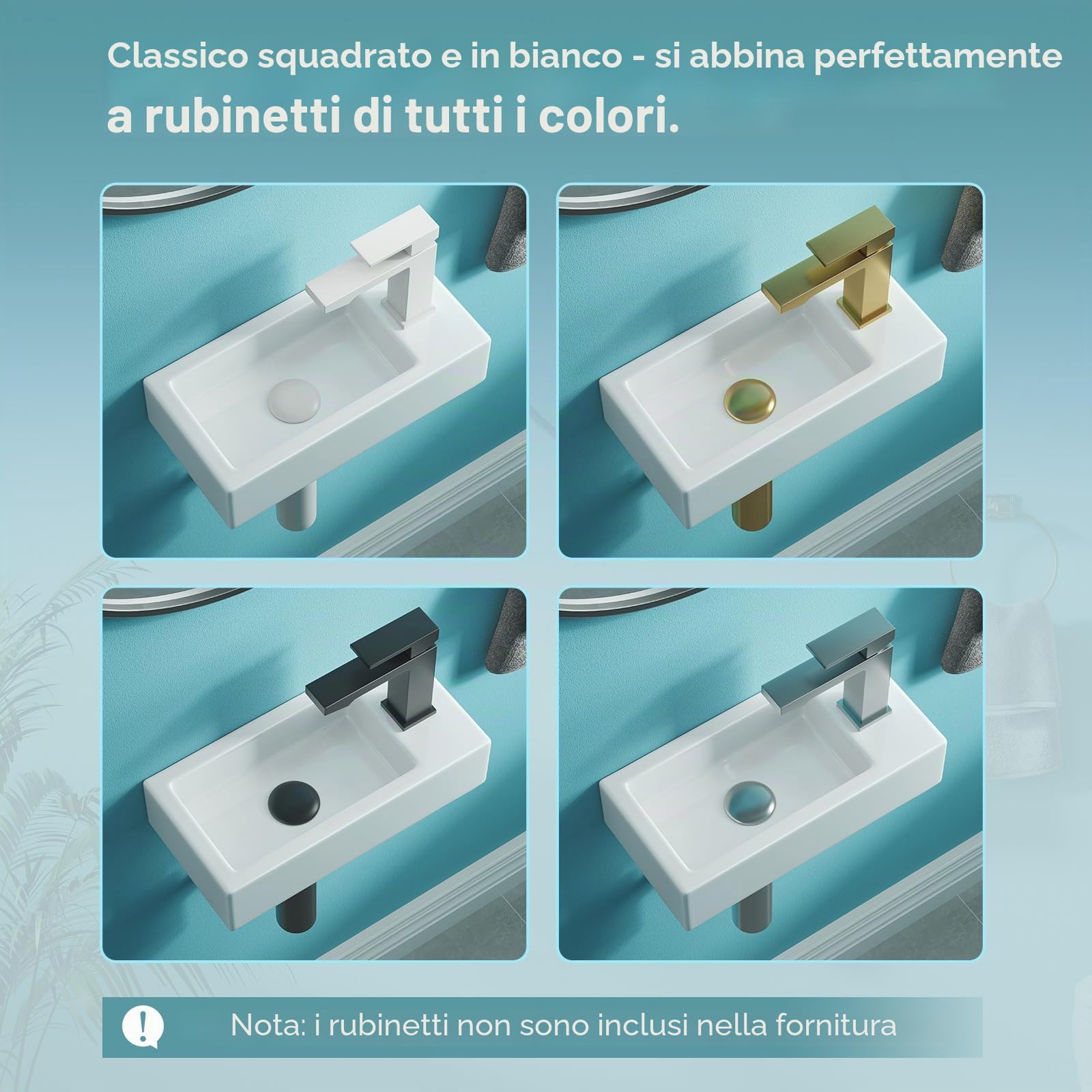 Teal Home Lavabo, lavabo piccolo, lavabo per ospiti, bagno, mini lavabo in ceramica, foro per rubinetto destro, Senza valvola di scarico pop-up, 37 x 18,5 x 9 cm | Lavabo sospeso da bagno, mini lavandino in ceramica, lavello da appoggio, bianco, 37 x 18,5