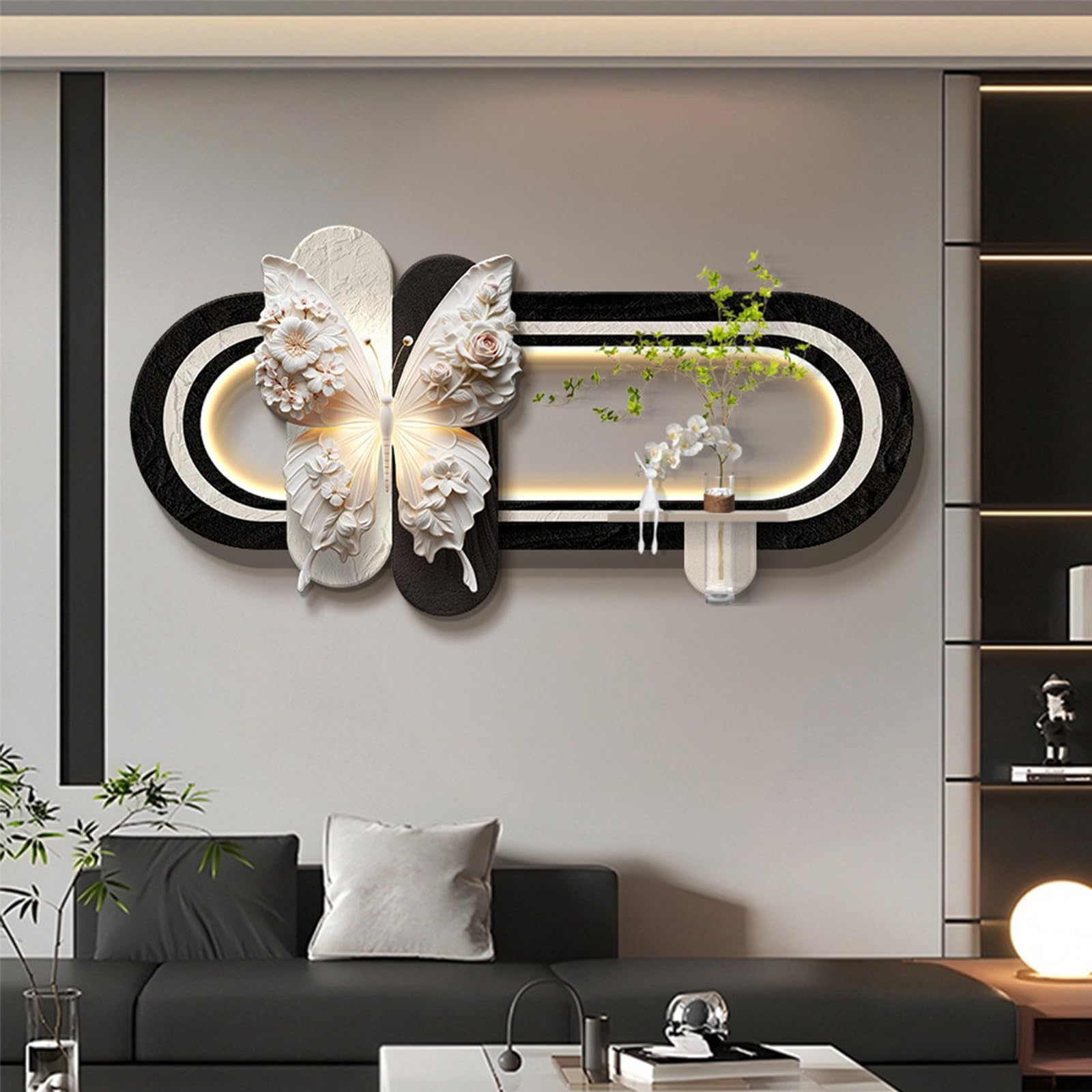 LED Sandstone Wall Decor, Butterfly Wall Sculpture Painting Decor with Glass Vase & Lights, Hydroponic Greenery Entrance Hanging Decor for Entrance Office Corridor(B,40 * 80cm)