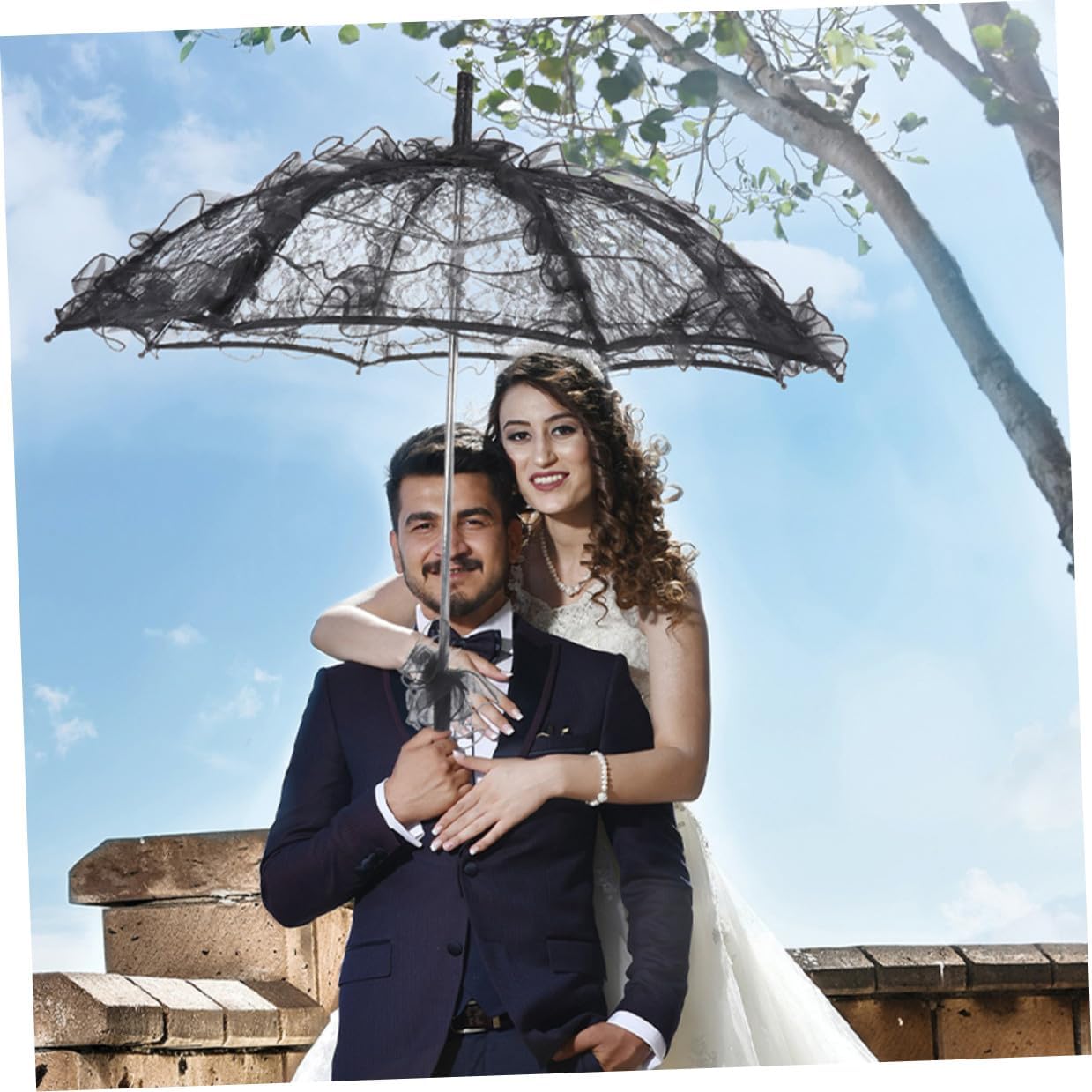 SOLUSTRE 2pcs Bridal Lace Umbrella Vintage Parasol for Wedding Photography Dance Props Black White Decorative Stick Umbrellas
