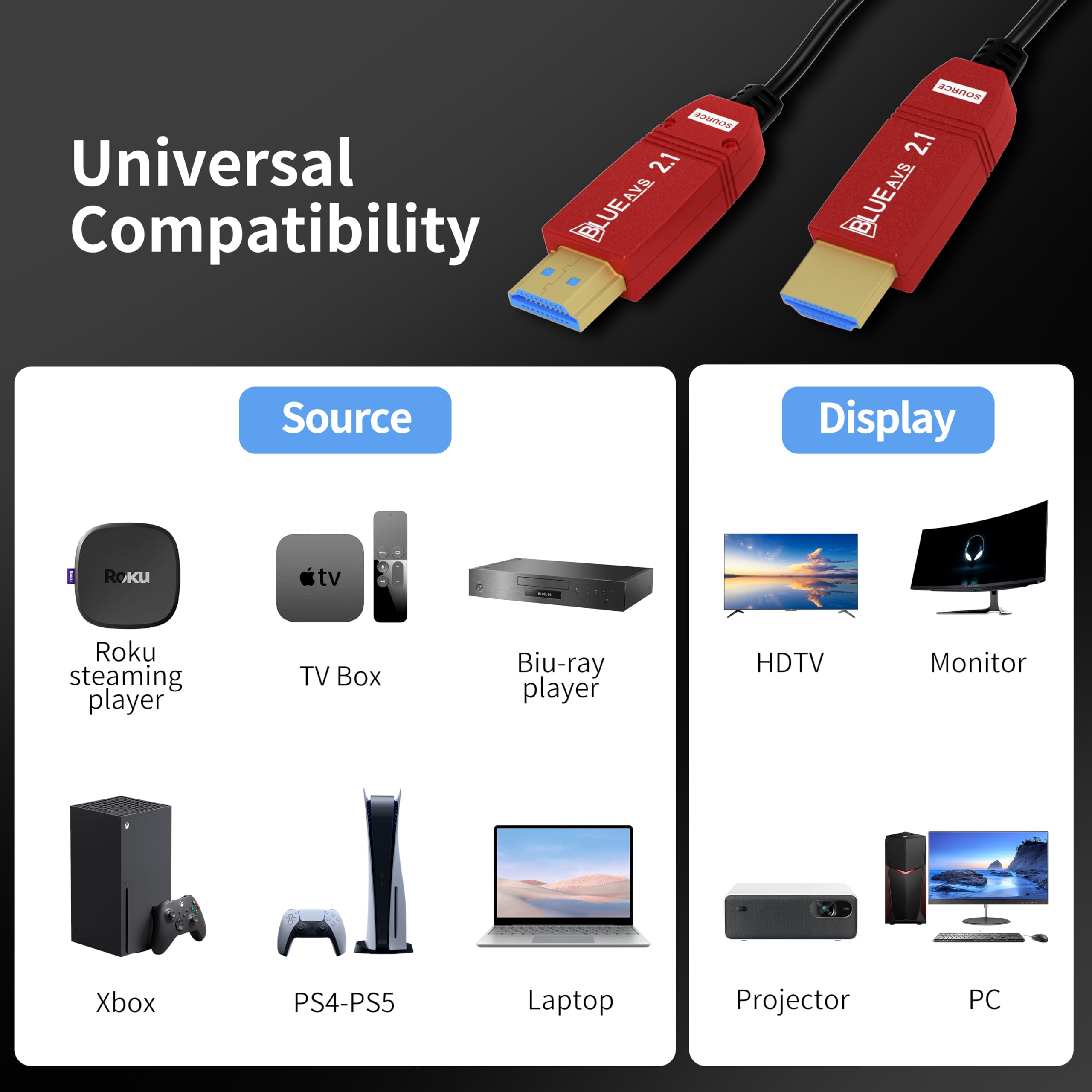 BlueAVS 8K HDMI 2.1 Cavo a fibre ottiche 33FT Ultra High Speed 48gbps Supporta 8K@60Hz 4K@120Hz Dinamico HDR10 eARC HDCP 2.3 Compatibile con PS5/4, Xbox, RTX 3080 3090, Roku, LG CX C9