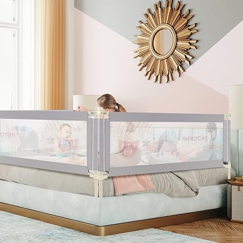 Miniatura 9 de BABY JOY Riel de cama para niños pequeños, 77 pulgadas, extra largo, altura ajustable y plegable, protector de riel de cama de bebé con malla