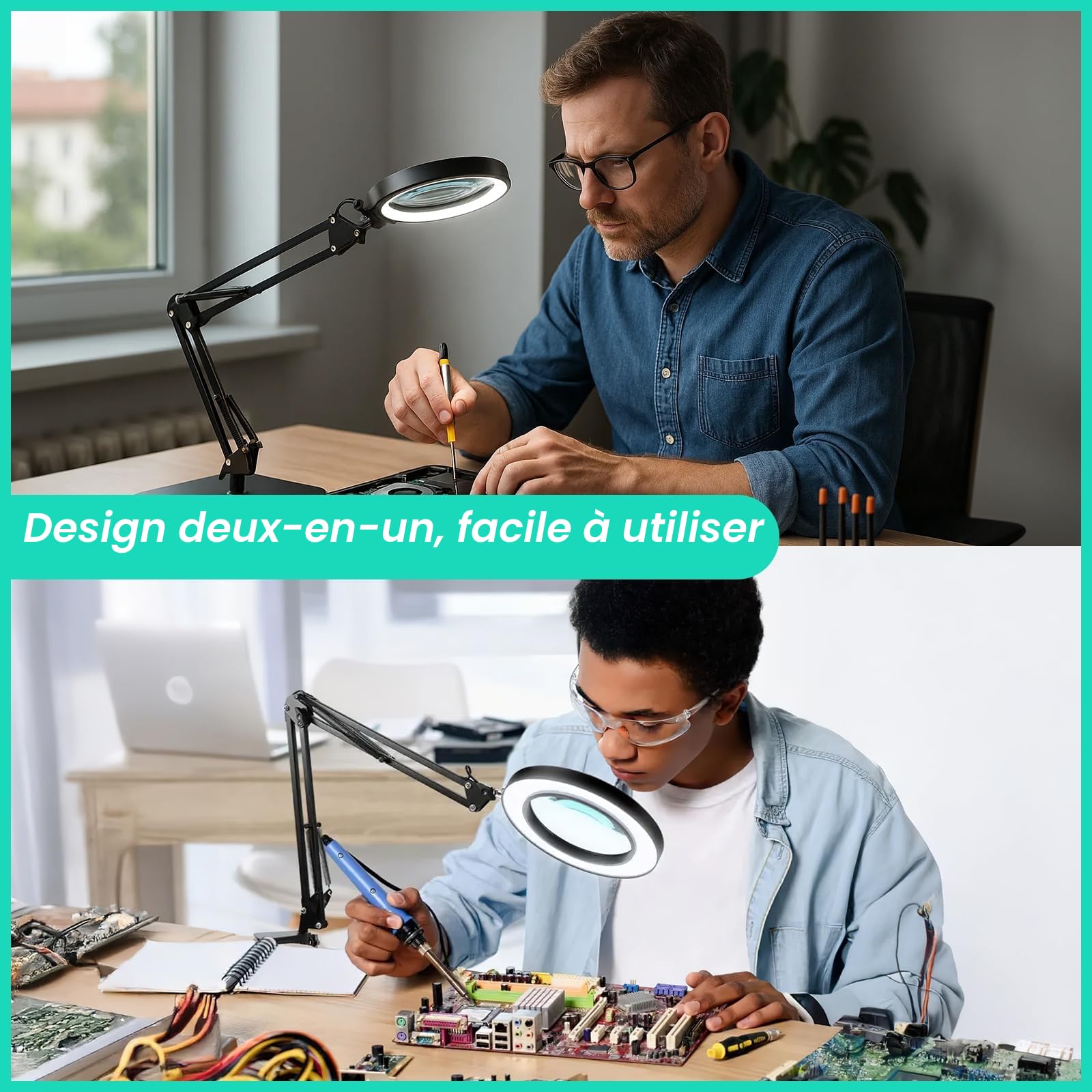 Loupe 15X avec lumière et support – Bras réglable, 3 modes de couleur, LED à intensité variable, pince mains libres pour la lecture, l'artisanat, la couture et les loisirs (base 1)