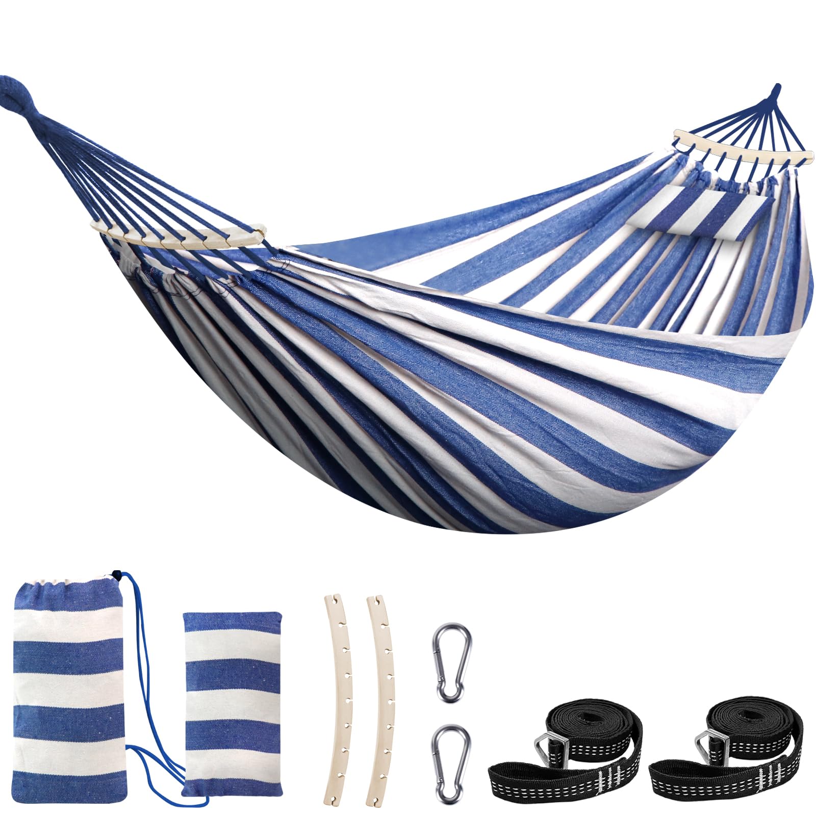 Chihee Hamaca de algodón Gran Hamaca de Camping Suave y Transpirable Soporta hasta 300KG Hamacas de árbol portátil con Barra separadora Desmontable Almohada 2 Webbings Fuerte 2 mosquetones