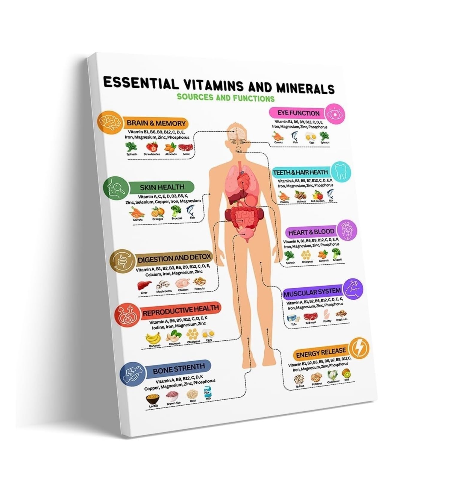 MDBJTCYZN Vitamin & Chart – Food Nutrient Guide, Essential Vitamins & Minerals, Rich Nutrition Poster, Protein & Superfood Chart(Framed,16X24inch(40X60cm))