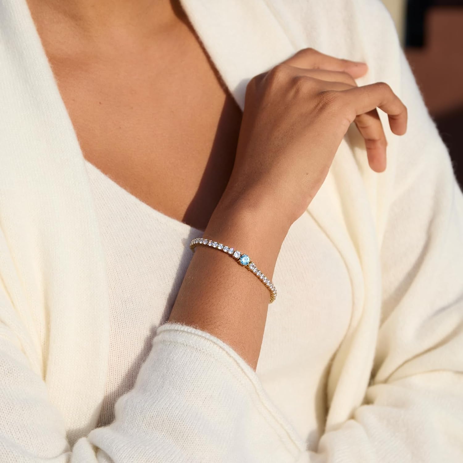 STORYJEWELLERY Birthstone Bracelets for Women, Tennis Bracelets for Women, Gold Plated Cubic Zirconia Bracelet, Lab-Grown Birthstone Jewelry