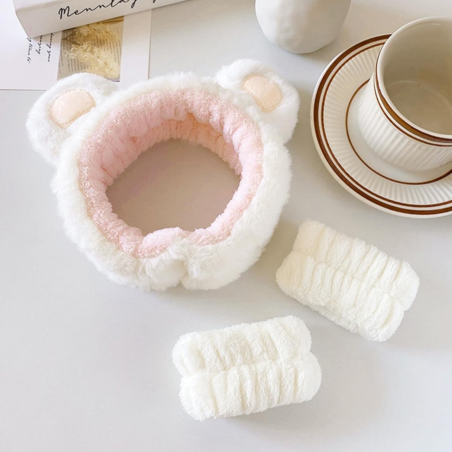 Face Wash Headband and Wristband Set, 3 Pcs Skincare Headbands and Wristband Set 1 Face Wash Headband 2 Face Wash Wristbands, Cute Animal Ears Plush Headbands for Washing Face (White Bear, 1) - Image 3