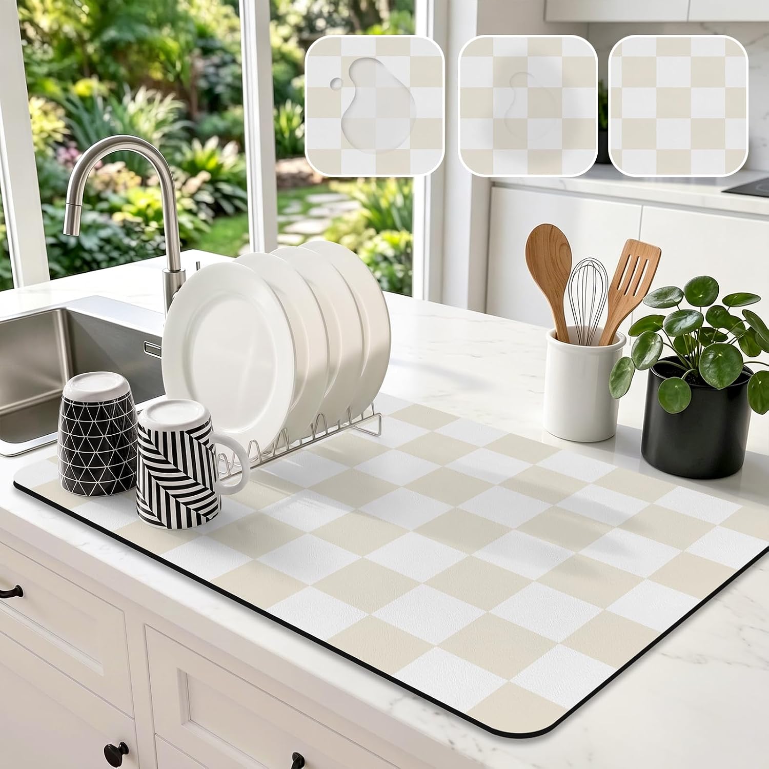 Checkered Dish Drying Mat for Kitchen Counter Beige, 19" x 12"