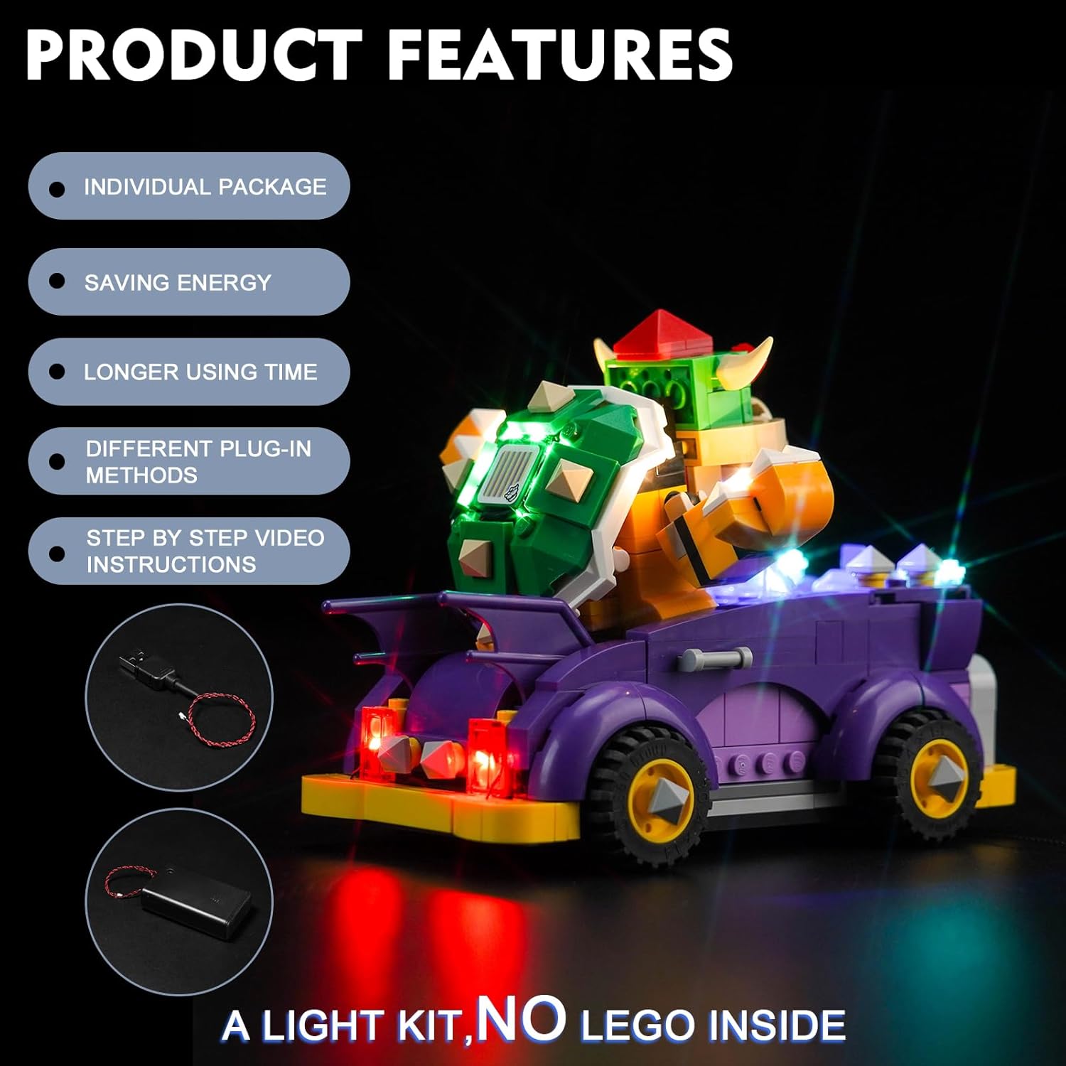 BrickBling LED Light Compatible with Lego Bowser’s Muscle Car Expansion Set; Creative Lighting Compatible with Lego 71431-No Model Included