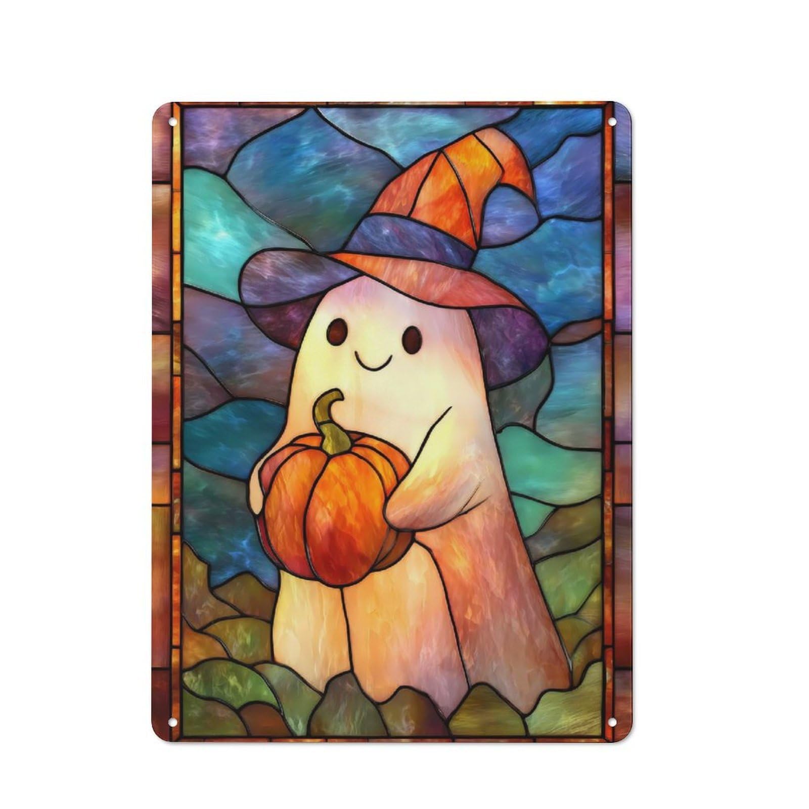 Junmoney Halloween Ghost With Pumpkin Stained Glass Printed Metal Sign 40X30cm For Café Or Restaurant, For Hospitality Interior Collectors