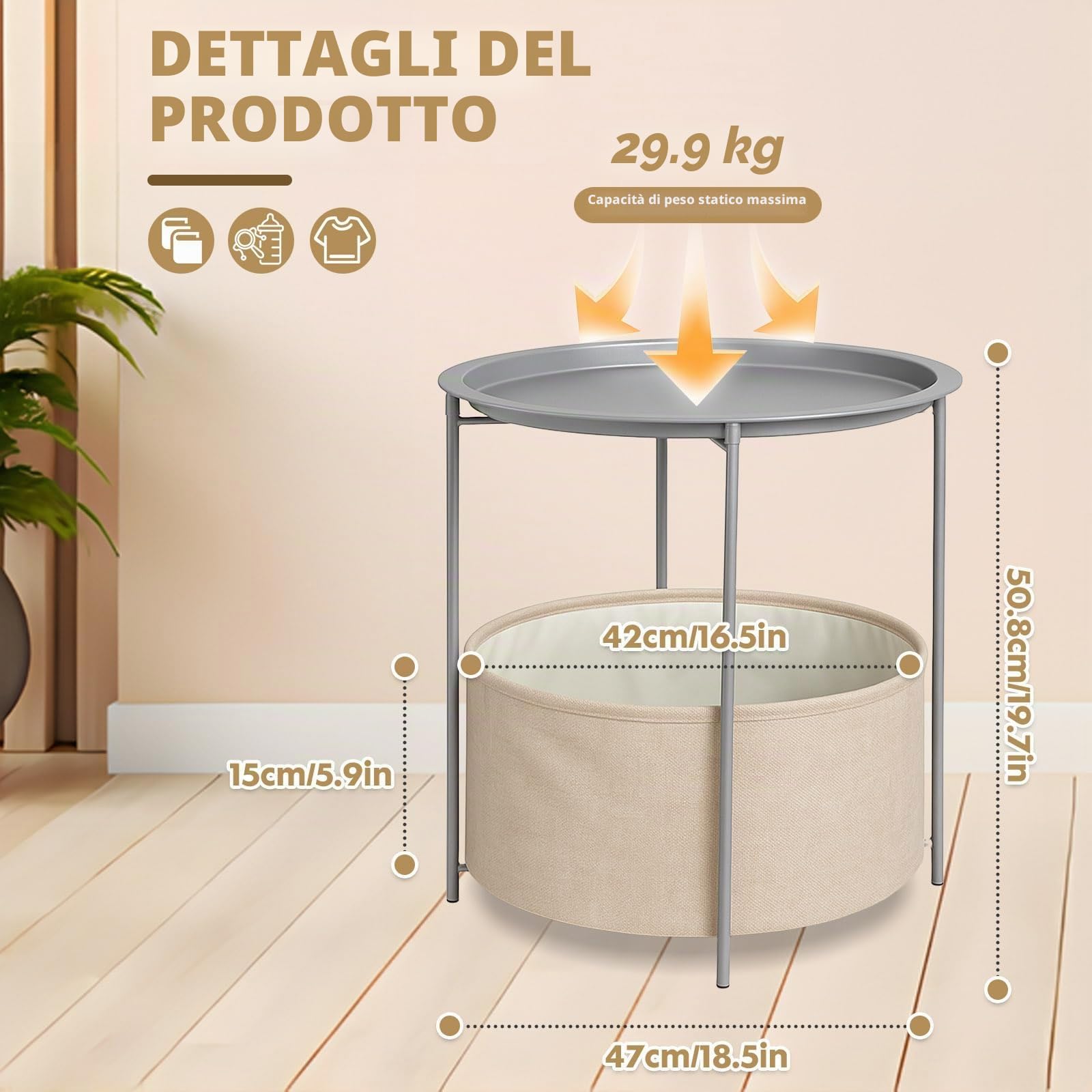 Rinkgarden Tavolino laterale rotondo con cesto in tessuto, moderno e robusto, tavolino terminale in metallo per soggiorno, camera da letto, comodino, cameretta, lavanderia o balcone (grigio + beige)