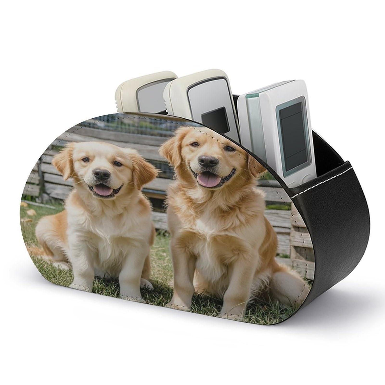 LZQPOEAS Golden Retriever Dogs Puppies Pets Remote Control Holder Desk Storage Organizer Box Container Remote Storage Box with 5 Compartments PU Leather Remote Caddy for Home Bedside Table Organizer