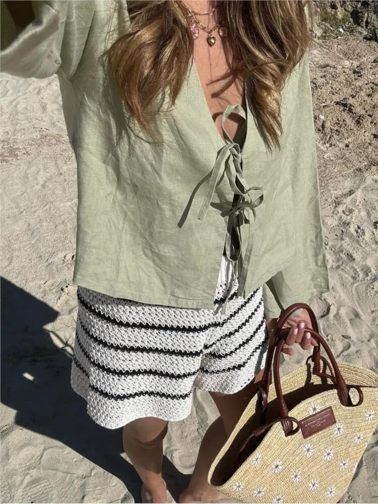 Bow Tie Front Tops for Women V Neck Linen Lace Up Shirts Casual Long Flare Sleeve Blouese Summer Going Out Tops - Image 5