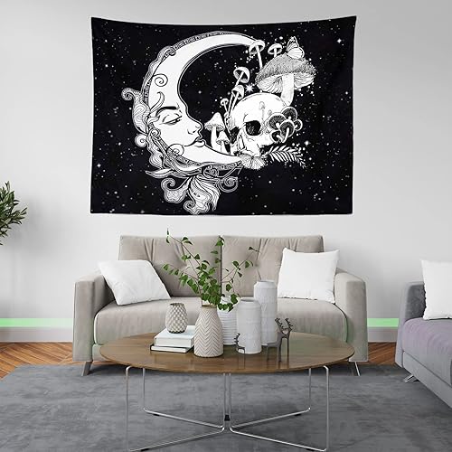 Miniatura 3 de Tapiz con diseño de calavera y luna en blanco y negro, diseño de hongos y mariposas místicas, estrellas estéticas, para colgar en la pared para sala