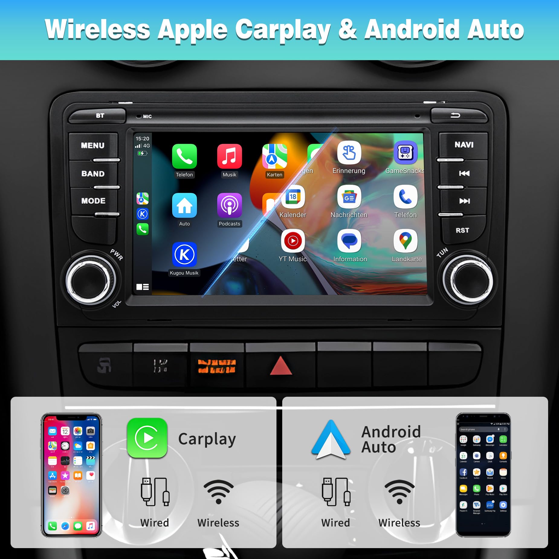 Autoradio Android 13 per Audi A3/S3/RS3 8P (2003-2012), touchscreen HD da 7 pollici, CarPlay/Android Auto wireless, Navigazione GPS, Wi-Fi, Bluetooth + Telecamera posteriore HD, Comandi al Volante