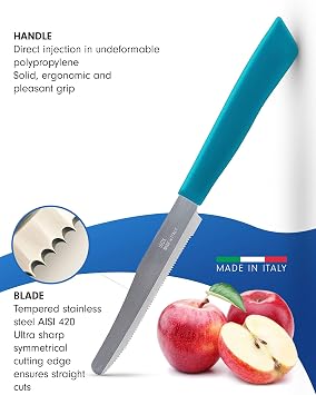 Tredoni 6 kitchen Knives - 4.3/11cm Italian Stainless Steel Serrated Vegetable/Steak/Table Knife Cutlery, Rounded Tip (Azure)